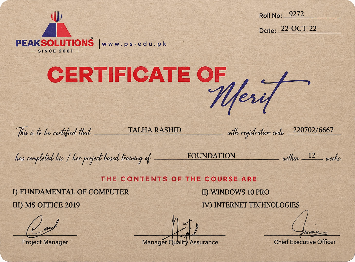 Foundation certificate